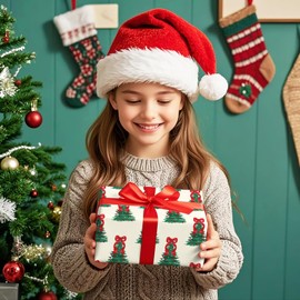 LeZakaa Christmas Tree Bow Christmas Wrapping Paper Roll, Green Tree, Red Bow, Festive Design, for Winter Holidays, for Families, Kids, Women, Mini Roll 17 in x 16.4 Ft