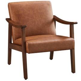 Yaheetech Yaheetech PU Leather Accent Chair, Mid-Century Modern Armchair with Solid Wood Legs, Reading Leisure Chair with High Back for Living Room Bedroom Waiting Room, Brown