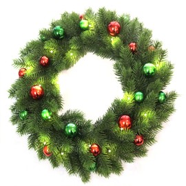 Christmas Wreath 18 Inch, BEHONA Christmas Door Decorations Wreath with Warm Lights, Christmas Wreath with Red Green Decorative Christmas Balls, for Door Window Outdoor Home Decoration