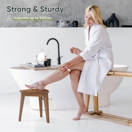 Smart FENDEE 12.4“ Tall Small Teak Shower Stool for Shaving, Waterproof Corner Foot Rest with Storage Basket, Space-Saving Design for Compact Showers