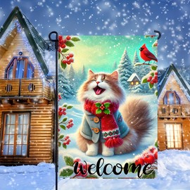 BlissYard Welcome Garden Flag 12x18 Flag Winter Cat Garden Flag Christmas Festive Cat With Scarf And Cardinal Design Flag For Seasonal Yard And Garden Decor Lawn Outdoor Banner