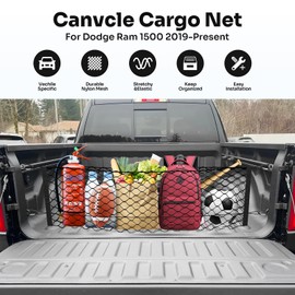 Canvcle Truck Bed Cargo Net for 2019-2025 2026 Dodge Ram 1500 Accessories Envelope Style Mesh Trunk Net Organizer and Storage Stretchable Adjustable Elastic Nylon Rear Cargo Netting with Hooks
