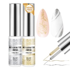 U-Shinein Hema Free Metallic Mirror Painting Gel Nail Polish, Glitter Silver & Gold Metal Painted Drawing Gel with Brush Chrome Gel Polish 2pcs 6ml Set 3D Effect Curing Requires Home Nail Art DIY