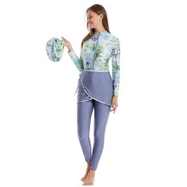 ODIZLI Modest Bathing Suit for Women Muslim Modest Swimsuit Full Cover Burkini Tummy Control One Piece Swimsuits with Wrap Skirts Surfing Beachwear Womens Rash Guard Long Sleeve Gray + Green 3pcs M