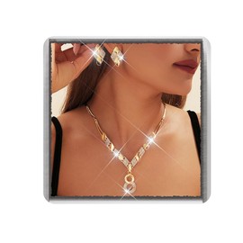 Ushiny Eternal Pendant Necklace and Earrings Jewellery Gold Rhombus Rhinestone Fashion Jewellery Set for Women