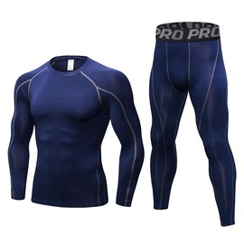 LANBAOSI Mens Workout Compression Set Pants and Long Sleeve Shirts Winter Warm Thermal Baselayer Top & Bottom Navy Blue
