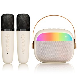 KALLORY Máquina de Karaoke, Wireless Karaoke Speaker con Luces LED，4 Modos de Sonido，con 2 micrófonos inalámbricos，Soporte Tarjeta TF，AUX, USB, para cumpleaños, Familia, Fiesta en casa (Beige)