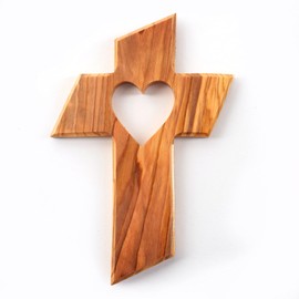 KASSIS Olive Wood Cross Crucifix Wall Cross with Various Faith Symbols for Hanging from Bethlehem for Confirmation, Christening, Communion 13 x 9 cm (Heart)