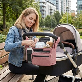 Organizador De Cochecito, Organizador Universal Para Cochecito Con Portavasos Aislados, Bolsillo Extraíble Para Teléfono Y Correa Para El Hombro, Se Adapta a La Mayoría De Cochecitos (Rosa)