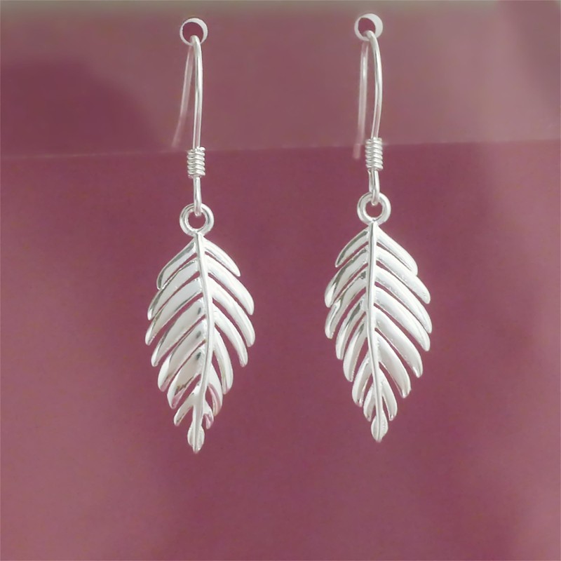 Sterling Silver Falling Feather Leaf Wing Drop Dangle Hook Earrings