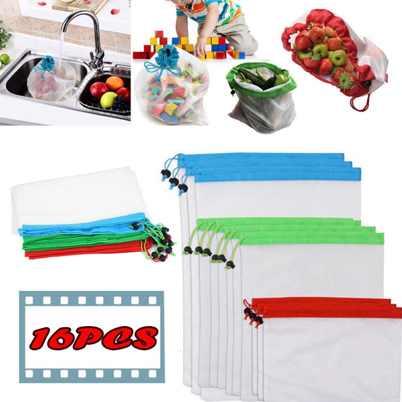 16Pcs Reusable Washable Vegetable Fruit Mesh Bags Storage Pouch with