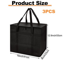 CYEER 3 Pack Insulated Bag, Food Delivery Bags for Hot Food, Foldable Cooler Bags Thermal Shopping Bags with Double Zip for Hot and Cold Food Transport