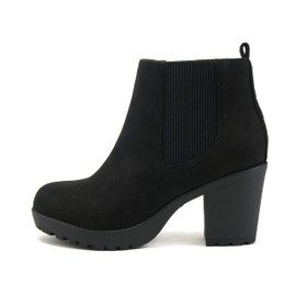 Soda PENSEE ~ Women Lug Sole Mid Heel Chelsea Fashion Ankle Bootie w/Double Elastic Gore (8, Black Suede, numeric_8)