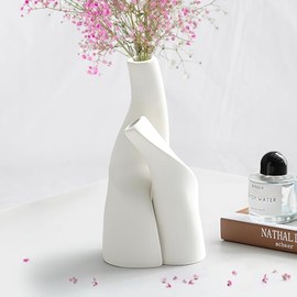 Florero de cerámica blanca, florero decorativo, florero de estilo bohemio, maceta decorativa creativa nórdica, adecuado para sala de estar, dormitorio, oficina, decoración de centro de mesa de fiesta