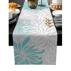 PIEPLE Aqua Chrysanthemum Flowers Table Runner-Cotton Linen-Long 13x90inches Dresser Scarves,Floral Grey Tablerunner for Kitchen Coffee/Dining/End Table Bedroom Living Room,Scarf Decor for Holiday