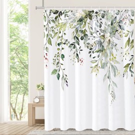 Tititex Sage Green Leaves Faux Linen Textured Shower Curtain, Watercolor Eucalyptus On The Top Plant Bathroom Decoration Shower Curtain Sets 72x72 Inch with Hooks
