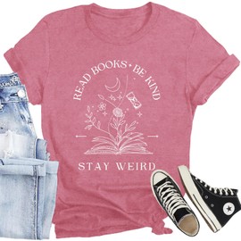 CQF Book Lover Shirt for Women Read Books Be Kind Stay Weird T-Shirt Funny Teacher Shirt Pink