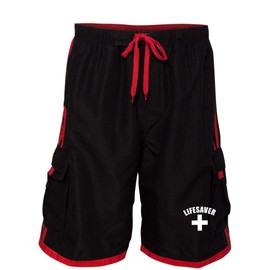 Lifeguard Striped Swim Trunks Shorts Guard YMCA Pool Staff (S, Black/Red)