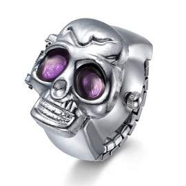 JewelryWe Men Women Finger Watch Punk Skull Flip-Open Cover Quartz Analog Ring Watches, Adjustable Size