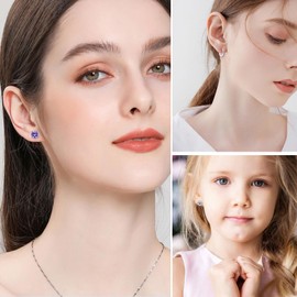 3 Pairs Sterling Silver Stud Earrings Set for Multiple Piercing Small Cartilage Hoop Earring and Rose Flower Amethyst Cubic Zirconia Studs Huggie Hoop Sleeper Earrings for Women Teen Girls Kids