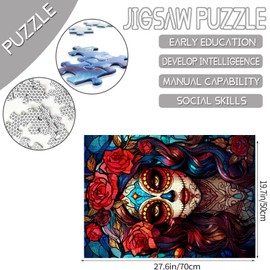 Sugar Skull Girl Art 1000 Piece Jigsaw Puzzles for Adults Day of The Death Painting Jigsaw Puzzle Skeleton Woman Puzzles for Challenging Family Activity Red Rose Pictures DIY Puzzle Wall Decor Gifts