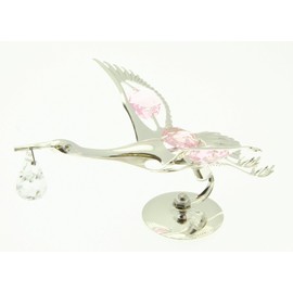 Christening Silver Plated Stork Pink Crystals For Girl