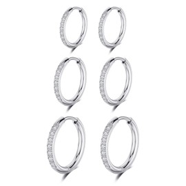 Bo Win 3 Pairs Stainless Steel CZ Cubic Zirconia Diamond Small Silver Hoop Earrings for Women Girls Huggie Hinged Hoop Earrings for Men Boys Set Cartilage Sleeper Hypoallergenic Piercings 8MM-12MM