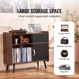 Happybuy Record Player Stand with Power Outlet, Turntable Stand Holds Up to 350 Albums, Record Player Table with Vintage Vinyl Record Storage