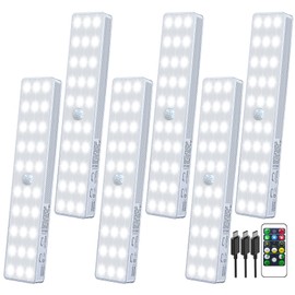 LED Closet Lights, 30 LEDs Rechargeable Dimmable Motion Sensor Light Under Cabinet Lighting with Remote Control Wireless Stick-Anywhere Night Light for Bedroom, Kitchen, Wardrobe, Hallway (6 Pack)
