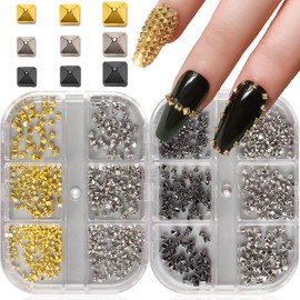 MOLILON 12 Grids Square Spire Nail Studs, Gold Black Punk Pyramid Nail Charms, Silver Cone Spike Studs with Pick Up Pen & Tweezer, 3D Gothic Nails Charms Stud for Women DIY Manicure Decorations