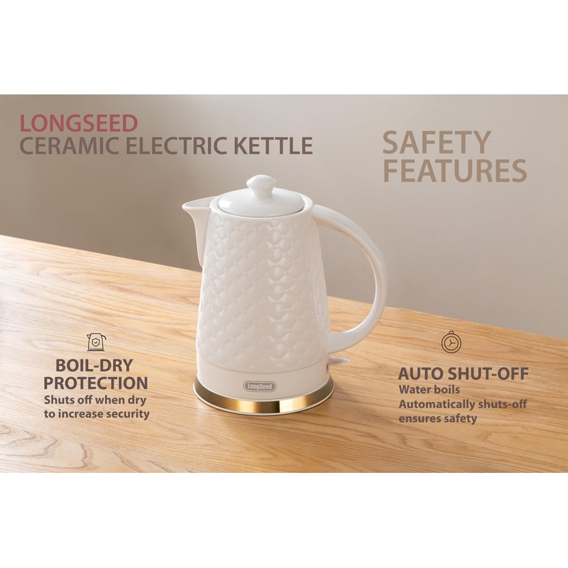 LONGSEED Ceramic Electric Kettle, 1.5L/1200W Boil Water Quickly and Easily