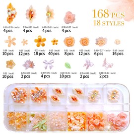168 Pcs 3D Flowers Manicure Gems with Flowers Butterfly Blossom Bow with Nail Rhinestone Alloy Nail Charms DIY Nail Art Supplies Accessories (Orange)