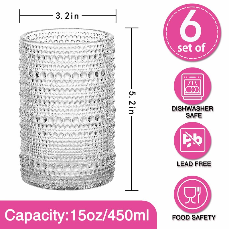 Consou Large Glasses Set of 6, 15 oz Hobnail Glassware