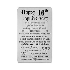 TANWIH 16 Year Anniversary Card Gifts for Him Men, 16th Wedding Anniversary Card Gifts for Husband, Engraved Metal Wallet Cards