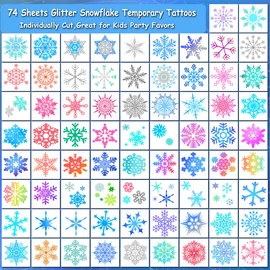 CHARLENT Glitter Snowflake Temporary Tattoos for Kids Party Supplies - 74 Individually Sheets Glitter Winter Snowflake Tattoos for Boys Girls Holiday Party Favors