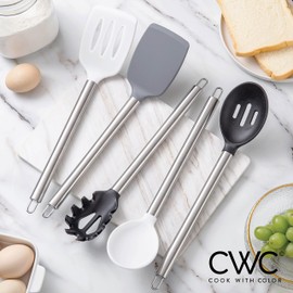 Utensilios de cocina de silicona para cocinar con color, juego de 5 utensilios de cocina, utensilios de cocina de silicona fáciles de limpiar, utensilios de cocina antiadherentes, juego de utensilios de cocina (blanco y negro)