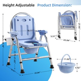 4 in 1 Folding Bedside Commode Chair for Elderly with Arms and Back,Adjustable Height Raised Toilet Seat with Handles,Adults Potty Chair for Seniors,Disabled,Holds Up to 350 lbs (ABS Plastic Seat)