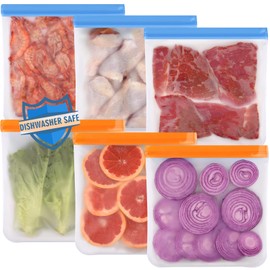 Lerine 6 Pack Reusable Gallon Freezer Bags Dishwasher Safe, BPA Free Reusable freezer bags 1 Gallon, Extra Thick Leakproof Reusable Silicone Storage Bags for Marinate Meats, Cereal, Veggies,Fruits