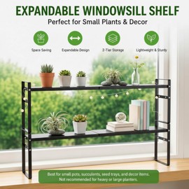 BrightRow 2 Pcs 3.5" W Expandable Window Sill Plant Shelf, 13.7" to 23.6" L, Supports up to 30 lbs, Stackable & Adjustable Height Metal Shelf for over Sink, Kitchen - Flowers, Succulents (Black)