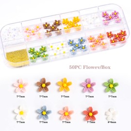 3D Flower Nail Charms, 12 Colors Flower Nail Rhinestones Kit Colourful Flower Nail Charms with Metallic Caviar Beads Acrylic Nails Manicures Nail Art Accessories for Women Girls