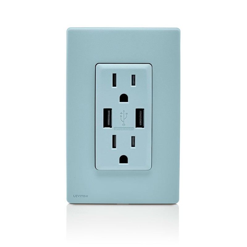 Leviton Renu USB Charger/Tamper-Resistant Duplex Outlet, 15A-125VAC, RUAA1-SE, Sea Spray