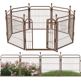 Decorative Garden Fence 24in(H) x14.7ft(L) with 1 Gates, Thicken 8 Pack Rustproof Metal No Dig Fence Animal Barrier for Rabbit Dog, Garden Border Edging for Yard Patio Outdoor Decor, Brown