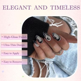 Moon Pattern Almond Press On Nails 24PCS French Tip Black Gradient Fake Nails in 12 Sizes Quick DIY Stick On Design Eco-Friendly ABS Material Durable Reusable Lightweight Comfortable