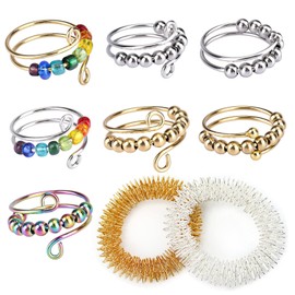 Barlone Pack of 7 Adjustable Anti-Stress Ring, 2 Acupressure Bracelets, Open Spinner Women's Skill Rings, Anxiety Ring and Anti-Stress Bracelet for Girls and Women Stress Relief Anxiety