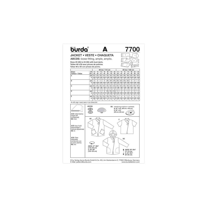 Burda B7700 - Cartamodello per Realizzare Giacca da Donna, Taglie
