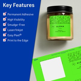 Avery Printable Square Labels, Sure Feed Technology, 3" x 3", Neon Green Labels, Print-to-The-Edge, Laser/Inkjet Printable, 60 Total, Great for Jars and Packaging