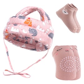 Culinavog Baby Safety Helmet Set -Head Protector with Anti-Slip Knee Pads & Grip Socks for Infant,Adjustable Safety Helmet for Toddlers Learning to Crawl & Walk Pink