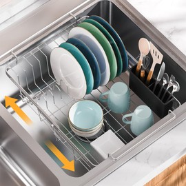 Homics Expandable in Sink Dish Drying Rack, Adjustable Capacity (10.5''-16'') Stainless Steel Over The Sink Dish Drying Rack, Dish Drainer for Kitchen Sink Counter with Utensil Holder