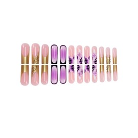 Flower Press on Nails Purple French Tip Fake Nails with Golden Embossed Acrylic Nails Designs Long Square Gradient Stick on Nails Full Cover False Nails for Women DIY Manicuare 24 Pcs