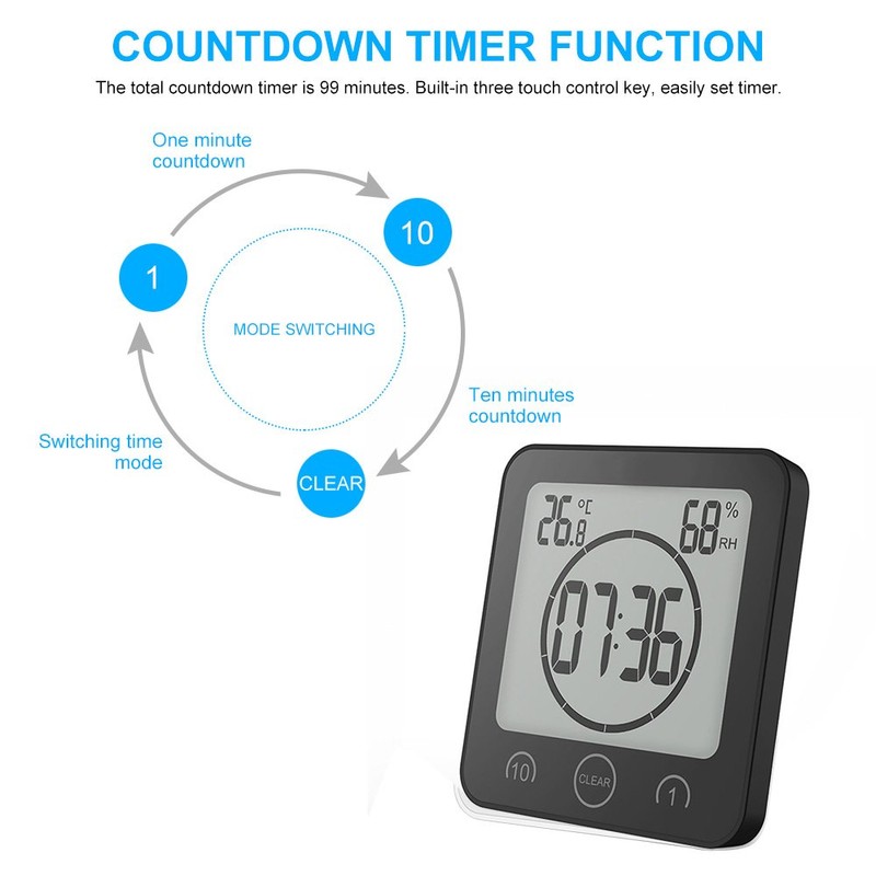 YUNYODA Digital LCD Shower Clock Waterproof Shower Clock Digital Bathroom